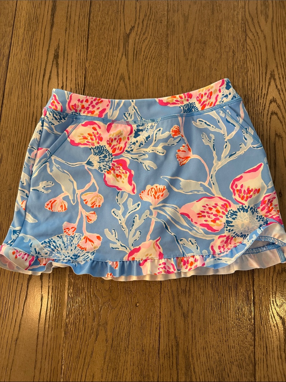 Lily Pulitzer Girls Luxletic Blue Floral Ruffle Hem Skirt